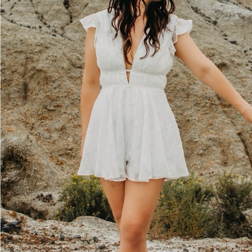 All About the Flowers White Burnout Floral Ruffled Romper (Lulus)
